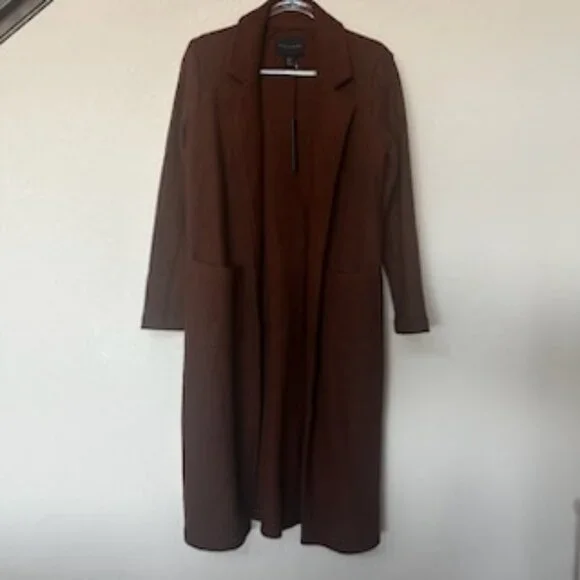 NWT Premium Quality Wool Blend Trendy Brown Open Coat With Oversized Pockets - Picture 12 of 13